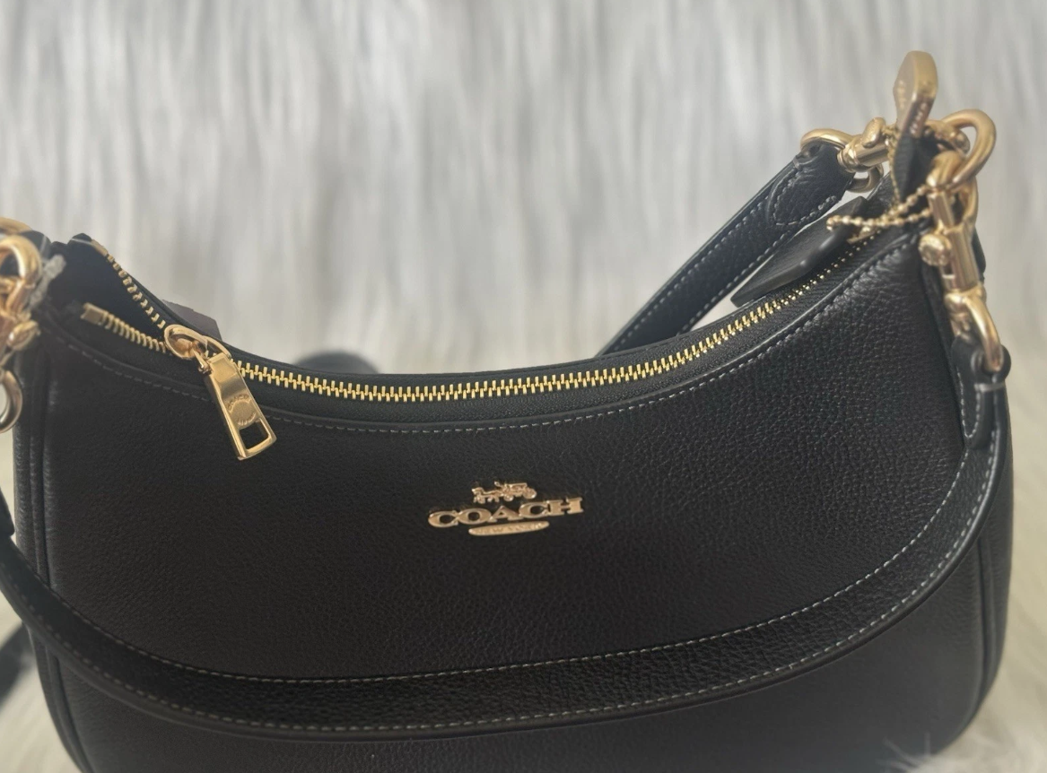 Coach Purse Teri Hobo Pebbled Leather Bag CV935 In Gold/Black