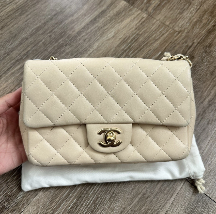 Chanel Rectangular Classic Mini Flap Bag Beige Lambskin Leather Gold Hardware Authentic
