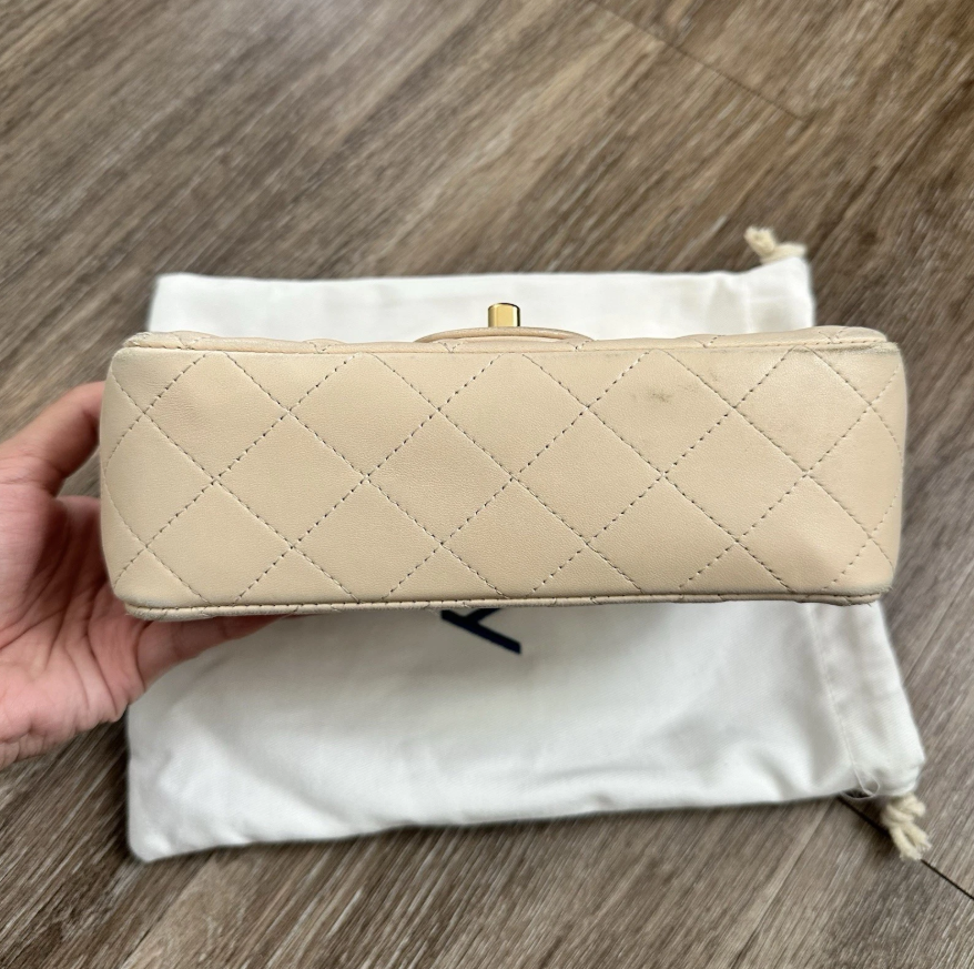 Chanel Rectangular Classic Mini Flap Bag Beige Lambskin Leather Gold Hardware Authentic