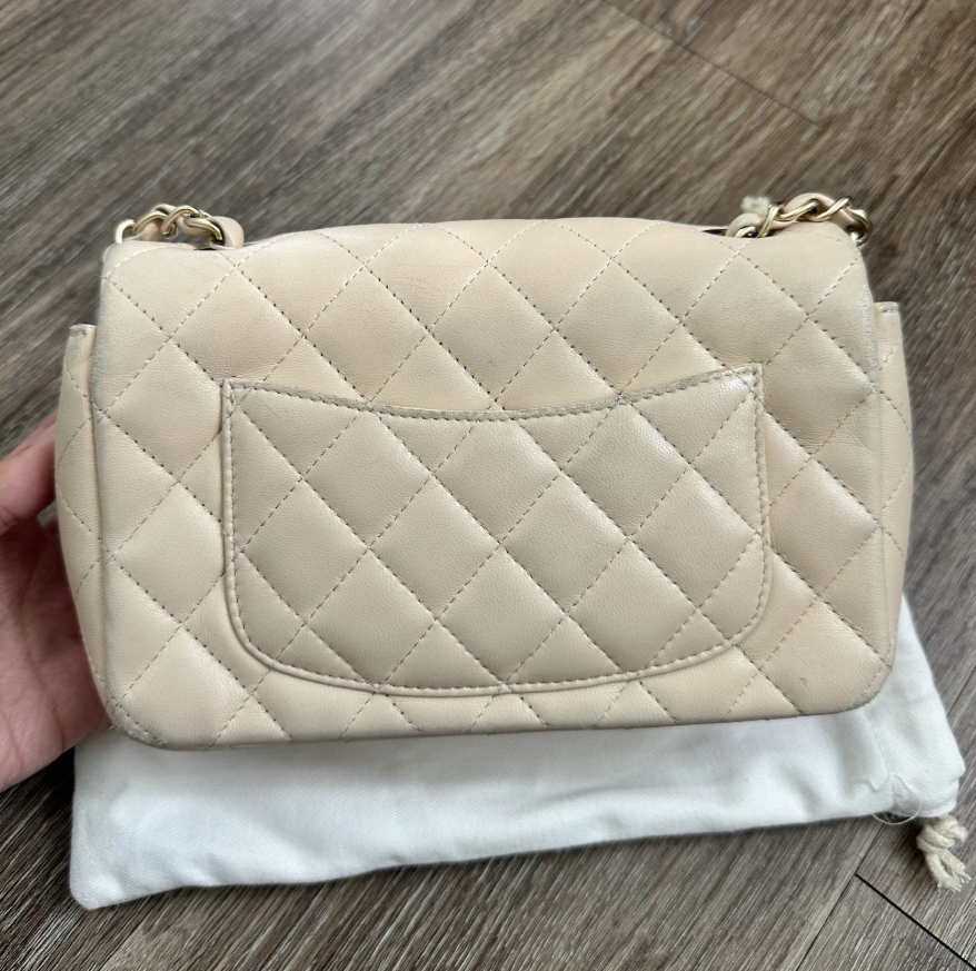 Chanel Rectangular Classic Mini Flap Bag Beige Lambskin Leather Gold Hardware Authentic