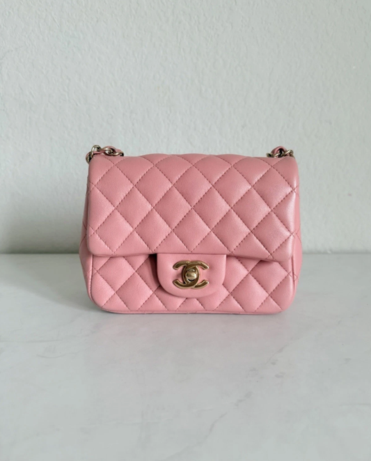 CHANEL Classic Flap CC Light Gold Hardware Shoulder Bag Mini Square Pink Leather Authentic