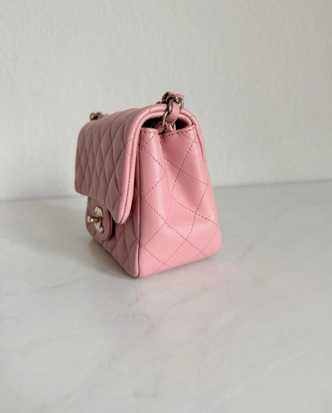 CHANEL Classic Flap CC Light Gold Hardware Shoulder Bag Mini Square Pink Leather Authentic