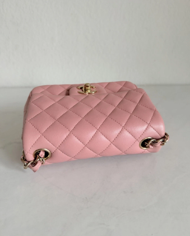 CHANEL Classic Flap CC Light Gold Hardware Shoulder Bag Mini Square Pink Leather Authentic