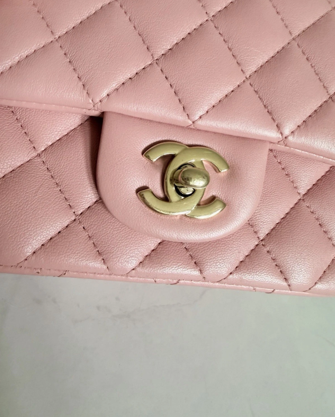 CHANEL Classic Flap CC Light Gold Hardware Shoulder Bag Mini Square Pink Leather Authentic