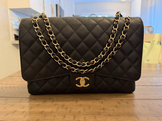 CHANEL Black Quilted Double Flap Bag MAXI gold hardware Authentic