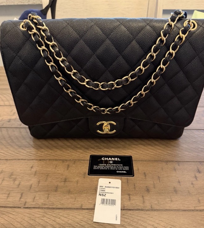 CHANEL Black Quilted Double Flap Bag MAXI gold hardware Authentic