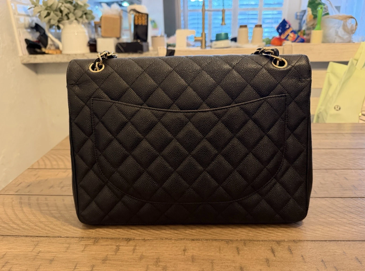 CHANEL Black Quilted Double Flap Bag MAXI gold hardware Authentic