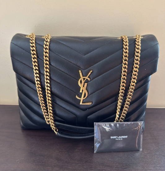 Authentic Saint Laurent YSL Medium Loulou Black Gold Matelasse Chain Leather Bag