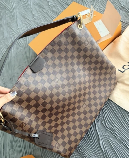 Louis Vuitton Graceful MM Damier Ebene Brown Shoulder Bag with Red Interior Authentic