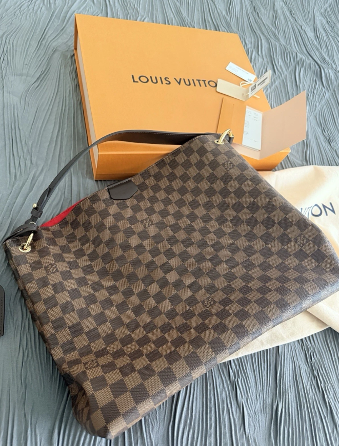 Louis Vuitton Graceful MM Damier Ebene Brown Shoulder Bag with Red Interior Authentic